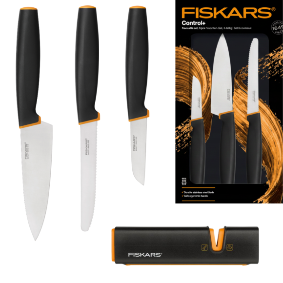 FISKARS CONTROL+ Zestaw 3 noży FAVOURITE SET w pudełku + Ostrzałka Edge / japońska stal nierdzewna