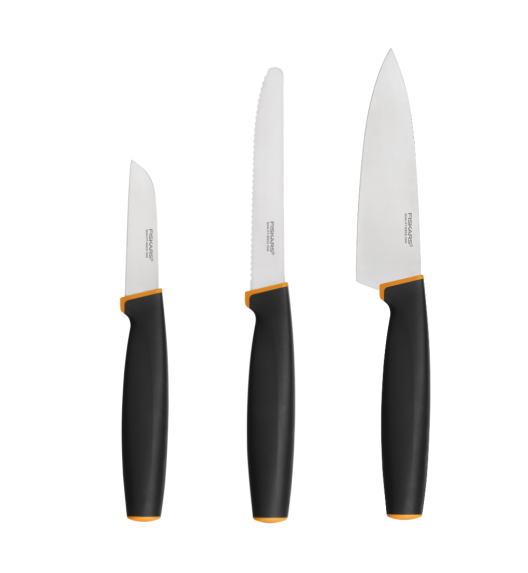 FISKARS CONTROL+ Zestaw 3 noży FAVOURITE SET w pudełku + Ostrzałka ceramiczna Essential Roll-Sharp / japońska stal nierdzewna