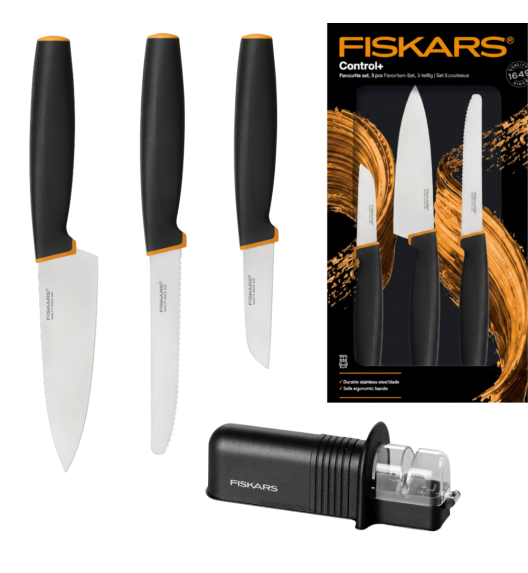 FISKARS CONTROL+ Zestaw 3 noży FAVOURITE SET w pudełku + Ostrzałka ceramiczna Essential Roll-Sharp / japońska stal nierdzewna