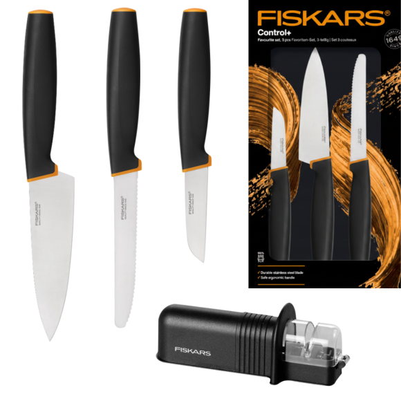 FISKARS CONTROL+ Zestaw 3 noży FAVOURITE SET w pudełku + Ostrzałka ceramiczna Essential Roll-Sharp / japońska stal nierdzewna
