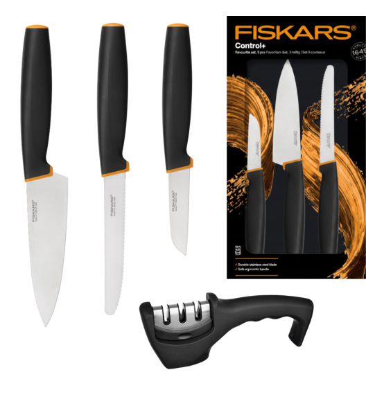 FISKARS CONTROL+ Zestaw 3 noży FAVOURITE SET w pudełku + Ostrzałka 3w1 uniwersalna / japońska stal nierdzewna