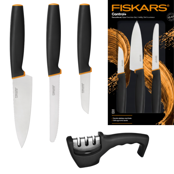 FISKARS CONTROL+ Zestaw 3 noży FAVOURITE SET w pudełku + Ostrzałka 3w1 uniwersalna / japońska stal nierdzewna