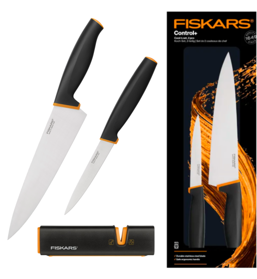 FISKARS CONTROL+ Zestaw 2 noży COOK'S SET w pudełku + Ostrzałka Edge / japońska stal nierdzewna