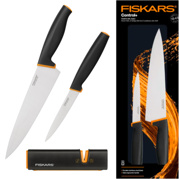 FISKARS CONTROL+ Zestaw 2 noży COOK'S SET w pudełku + Ostrzałka Edge / japońska stal nierdzewna