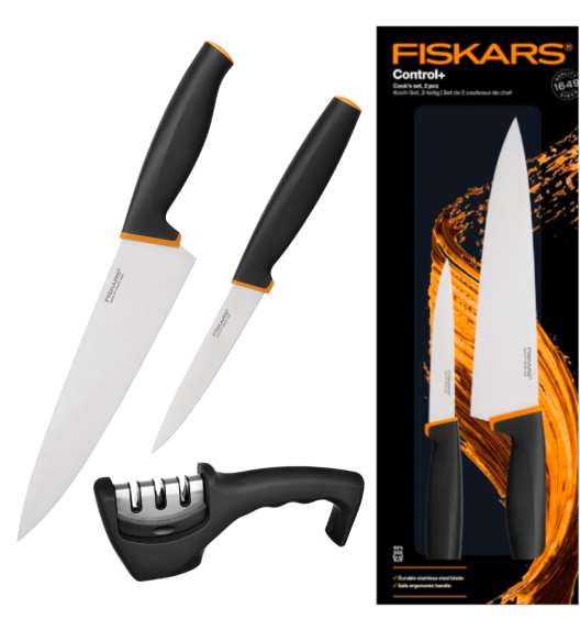 FISKARS CONTROL+ Zestaw 2 noży COOK'S SET w pudełku + Ostrzałka 3w1 uniwersalna / japońska stal nierdzewna