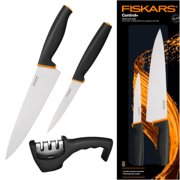 FISKARS CONTROL+ Zestaw 2 noży COOK'S SET w pudełku + Ostrzałka 3w1 uniwersalna / japońska stal nierdzewna