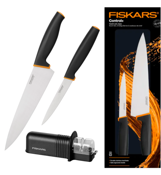 FISKARS CONTROL+ Zestaw 2 noży COOK'S SET w pudełku + Ostrzałka ceramiczna Essential Roll-Sharp / japońska stal nierdzewna