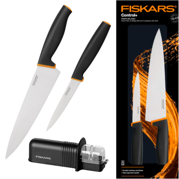 FISKARS CONTROL+ Zestaw 2 noży COOK'S SET w pudełku + Ostrzałka ceramiczna Essential Roll-Sharp / japońska stal nierdzewna
