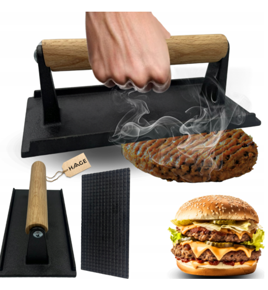 HAGE Prasa do burgerów żeliwna prostokątna 10x20 cm drewniany uchwyt