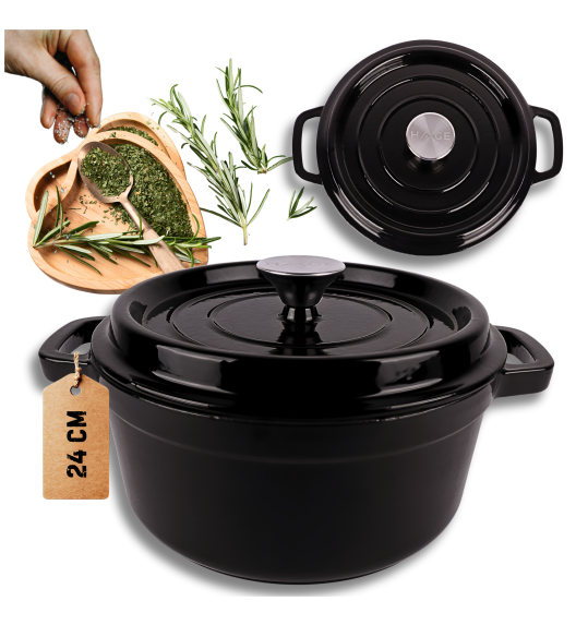 HAGE Garnek żeliwny emaliowany 4 l z pokrywką 24 cm czarny