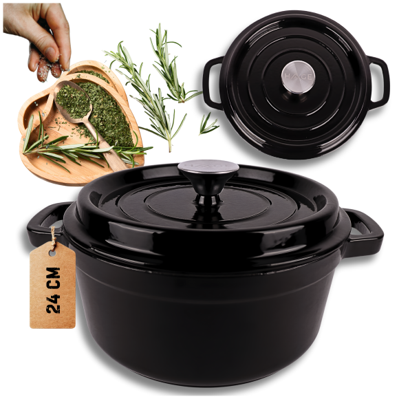 HAGE Garnek żeliwny emaliowany 4 l z pokrywką 24 cm czarny