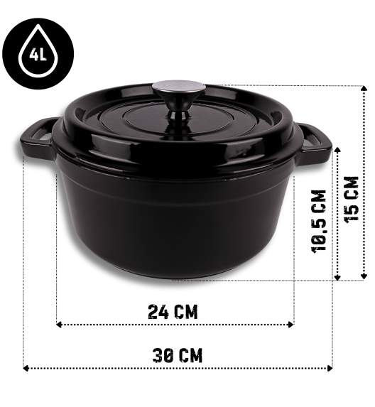 HAGE Garnek żeliwny emaliowany 4 l z pokrywką 24 cm czarny
