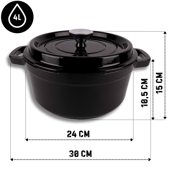 HAGE Garnek żeliwny emaliowany 4 l z pokrywką 24 cm czarny