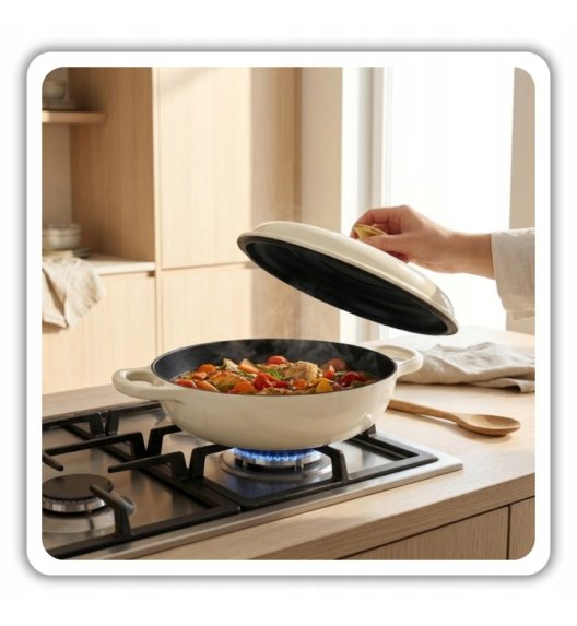 HAGE Niski garnek żeliwny emaliowany 3 l z pokrywką 30 cm kremowy