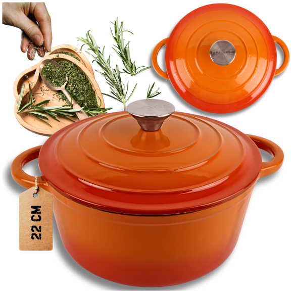 HAGE Garnek żeliwny emaliowany 3 l z pokrywką 22 cm pomarańczowy