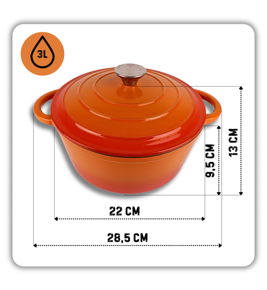 HAGE Garnek żeliwny emaliowany 3 l z pokrywką 22 cm pomarańczowy