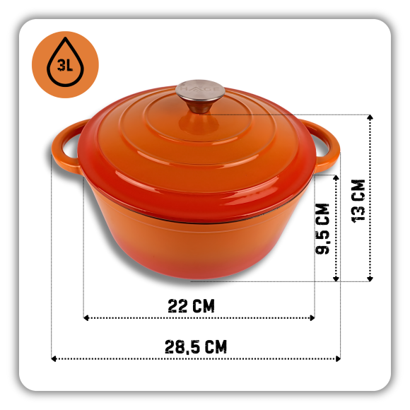 HAGE Garnek żeliwny emaliowany 3 l z pokrywką 22 cm pomarańczowy