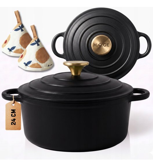 HAGE Garnek żeliwny emaliowany 4 l z pokrywką 24 cm czarny mat