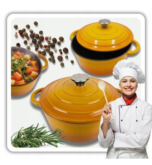 HAGE Garnek żeliwny emaliowany 4 l z pokrywką 24 cm musztardowy