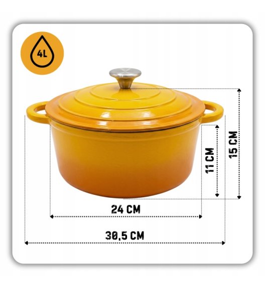 HAGE Garnek żeliwny emaliowany 4 l z pokrywką 24 cm musztardowy