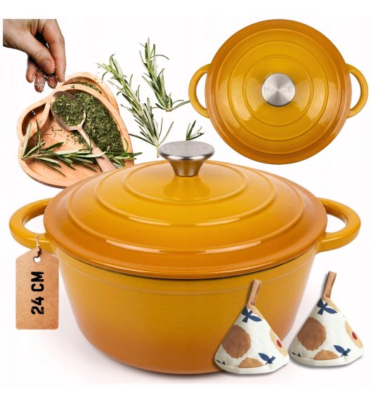 HAGE Garnek żeliwny emaliowany 4 l z pokrywką 24 cm musztardowy