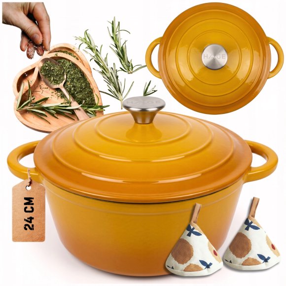 HAGE Garnek żeliwny emaliowany 4 l z pokrywką 24 cm musztardowy