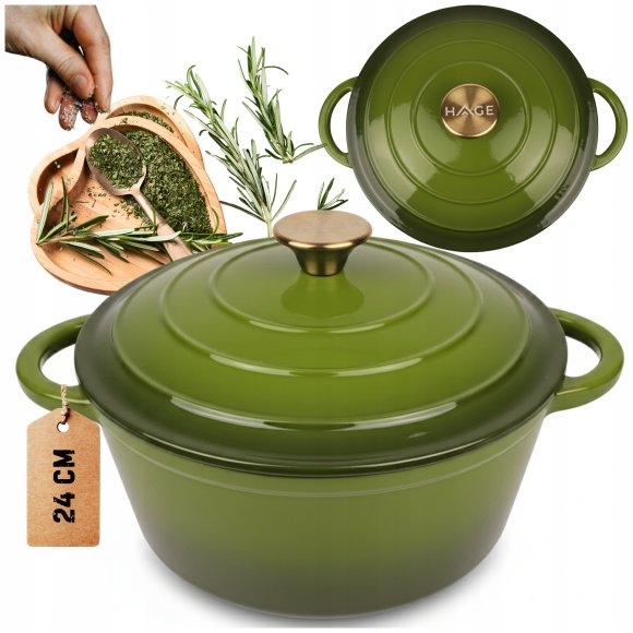 HAGE Garnek żeliwny emaliowany 4 l z pokrywką 24 cm oliwkowy