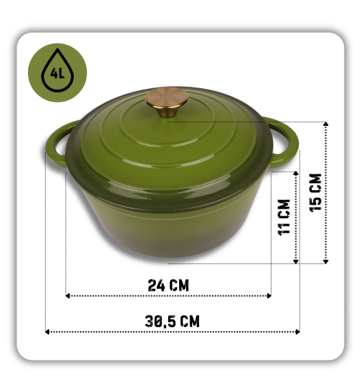 HAGE Garnek żeliwny emaliowany 4 l z pokrywką 24 cm oliwkowy