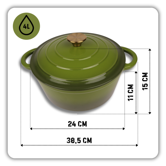 HAGE Garnek żeliwny emaliowany 4 l z pokrywką 24 cm oliwkowy