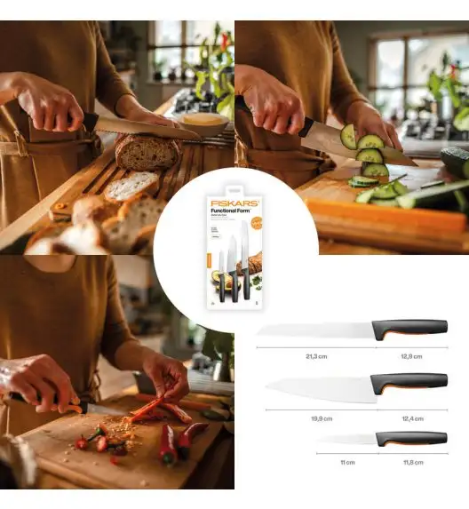 FISKARS FUNCTIONAL FORM 1057559 Komplet 3 noży kuchennych STARTER SET w pudełku + Ostrzałka EDGE