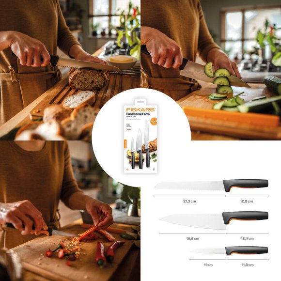 FISKARS FUNCTIONAL FORM 1057559 Komplet 3 noży kuchennych STARTER SET w pudełku + Ostrzałka EDGE