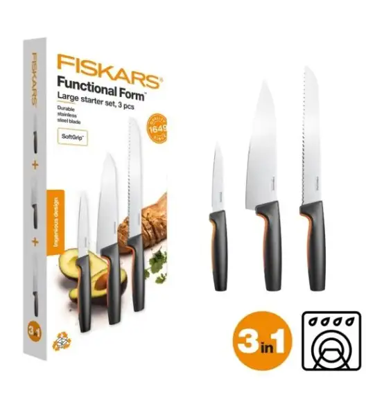 FISKARS FUNCTIONAL FORM 1057559 Komplet 3 noży kuchennych STARTER SET w pudełku + Ostrzałka EDGE