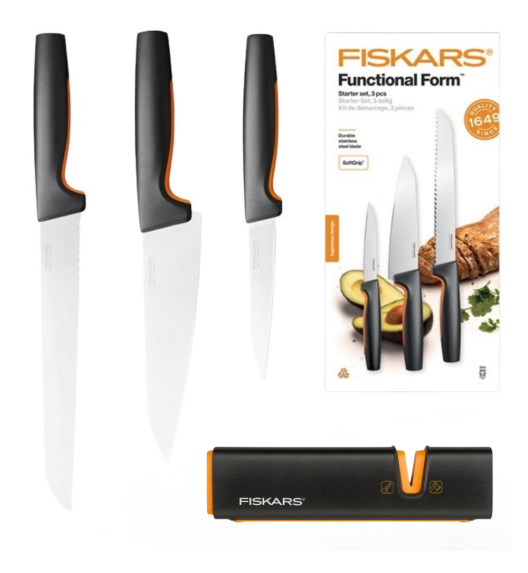 FISKARS FUNCTIONAL FORM 1057559 Komplet 3 noży kuchennych STARTER SET w pudełku + Ostrzałka EDGE