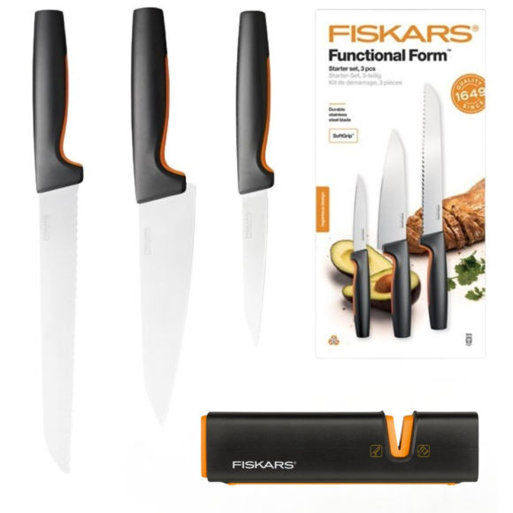 FISKARS FUNCTIONAL FORM 1057559 Komplet 3 noży kuchennych STARTER SET w pudełku + Ostrzałka EDGE