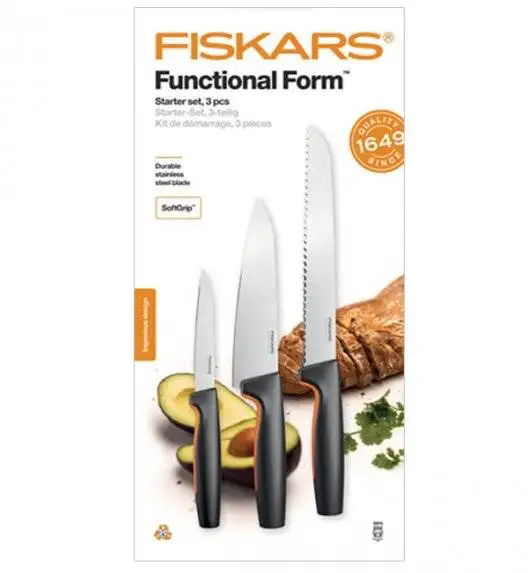 FISKARS FUNCTIONAL FORM 1057559 Komplet 3 noży kuchennych STARTER SET w pudełku + Ostrzałka EDGE