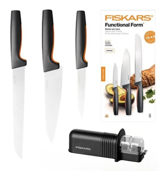 FISKARS FUNCTIONAL FORM 1057559 Komplet 3 noży kuchennych STARTER SET w pudełku + Ostrzałka ESSENTIAL