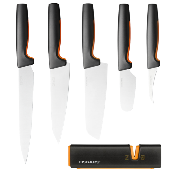 FISKARS FUNCTIONAL FORM Komplet 5 noży kuchennych luzem + Ostrzałka EDGE