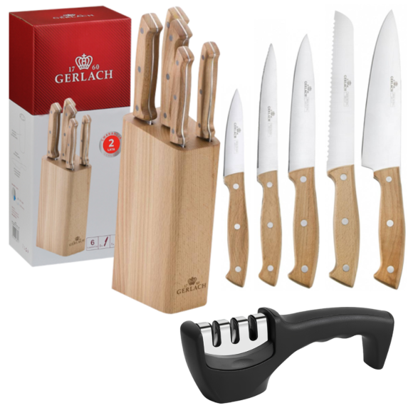 GERLACH COUNTRY 959A Komplet 5 noży w bloku + ostrzałka 3w1 uni czarna