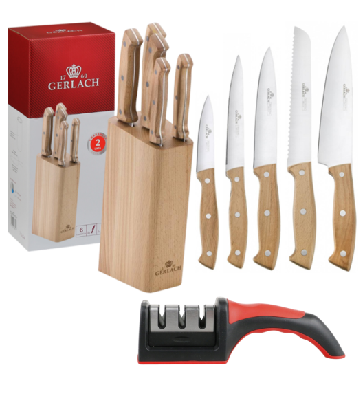 GERLACH COUNTRY 959A Komplet 5 noży w bloku + ostrzałka 3w1 uni czerwona