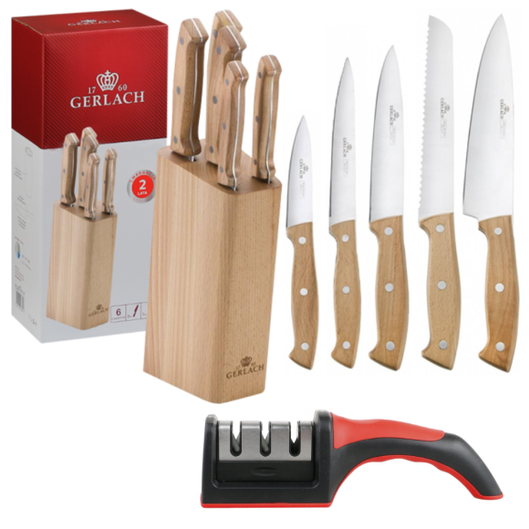 GERLACH COUNTRY 959A Komplet 5 noży w bloku + ostrzałka 3w1 uni czerwona