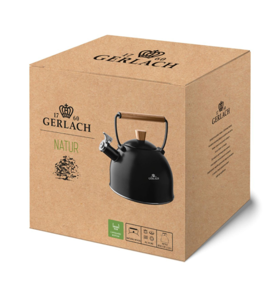 GERLACH NATUR Czajnik 2,5 L / czarny mat z drewnianą rączką / stal nierdzewna