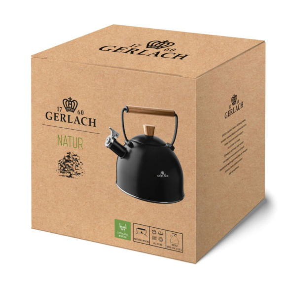 GERLACH NATUR Czajnik 2,5 L / czarny mat z drewnianą rączką / stal nierdzewna
