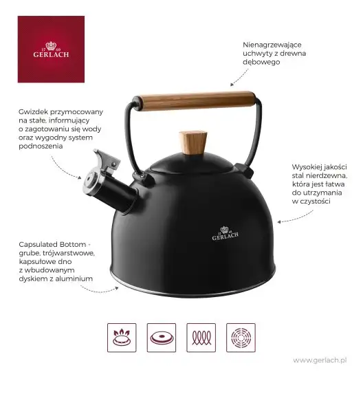 GERLACH NATUR Czajnik 2,5 L / czarny mat z drewnianą rączką / stal nierdzewna