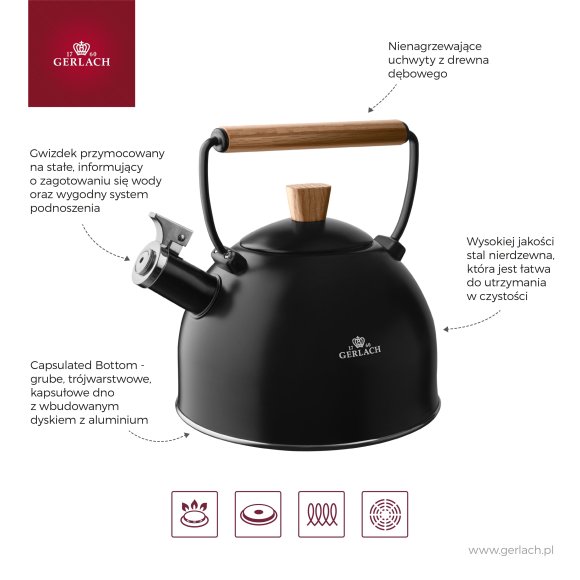 GERLACH NATUR Czajnik 2,5 L / czarny mat z drewnianą rączką / stal nierdzewna