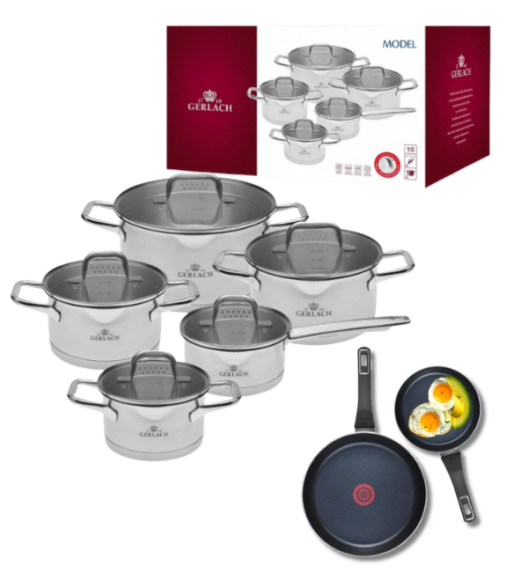 GERLACH MODEL Komplet Garnki z pokrywkami 10 el + Gerlach Ambiente Thermocoat Patelnia 20, 28 cm 
