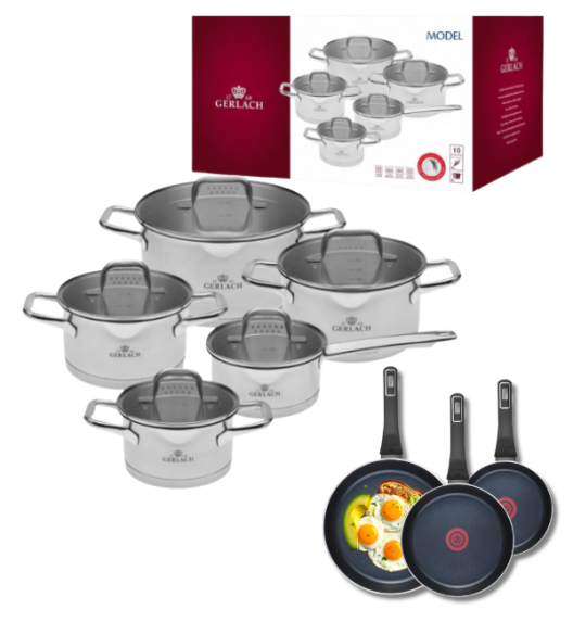 GERLACH MODEL Komplet Garnki z pokrywkami 10 el + Gerlach Ambiente Thermocoat Patelnia 20, 24, 28 cm 