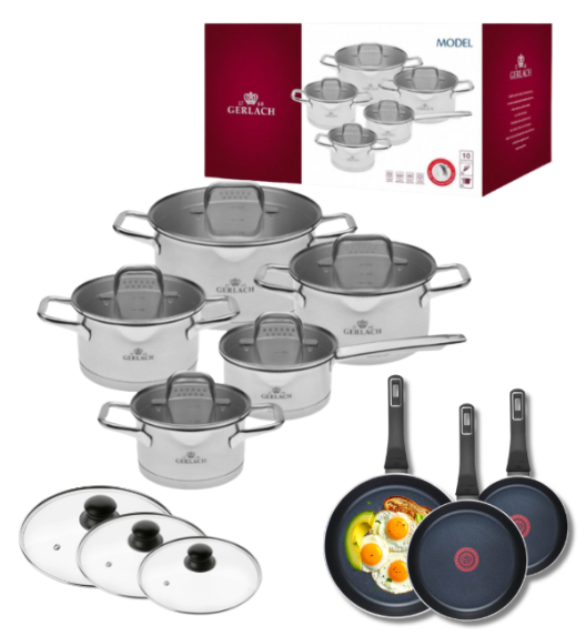 GERLACH MODEL Komplet Garnki z pokrywkami 10 el + Gerlach Ambiente Thermocoat Patelnia 20, 24, 28 cm + pokrywki szklane 