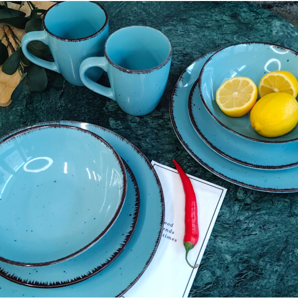 LIVELLO DUNA TURQUOISE CERAMIKA / Serwis obiadowy 24 el dla 6 osób (z kubkiem) / odcień turkusowo - piaskowy