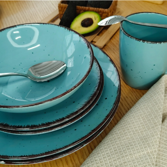 LIVELLO DUNA TURQUOISE CERAMIKA / Serwis obiadowy 24 el dla 6 osób (z kubkiem) / odcień turkusowo - piaskowy