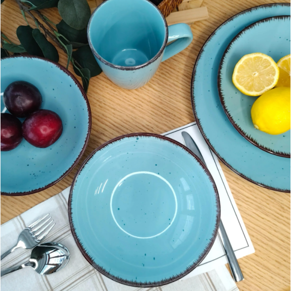 LIVELLO DUNA TURQUOISE CERAMIKA / Serwis obiadowy 24 el dla 6 osób (z kubkiem) / odcień turkusowo - piaskowy